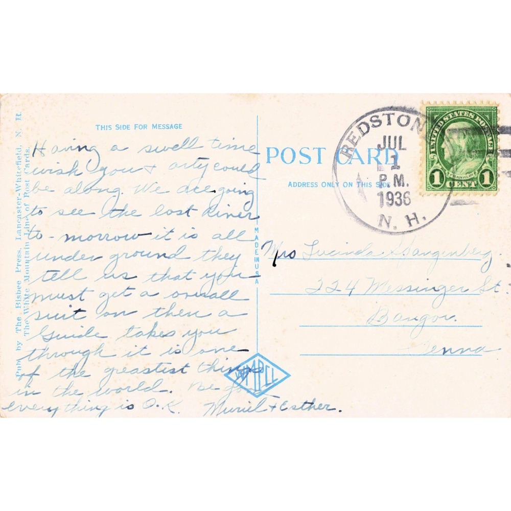 Vtg Wonalancet Falls White Mountains NH Linen Postcard 1936 Redstone Postmark - Picture 2 of 2